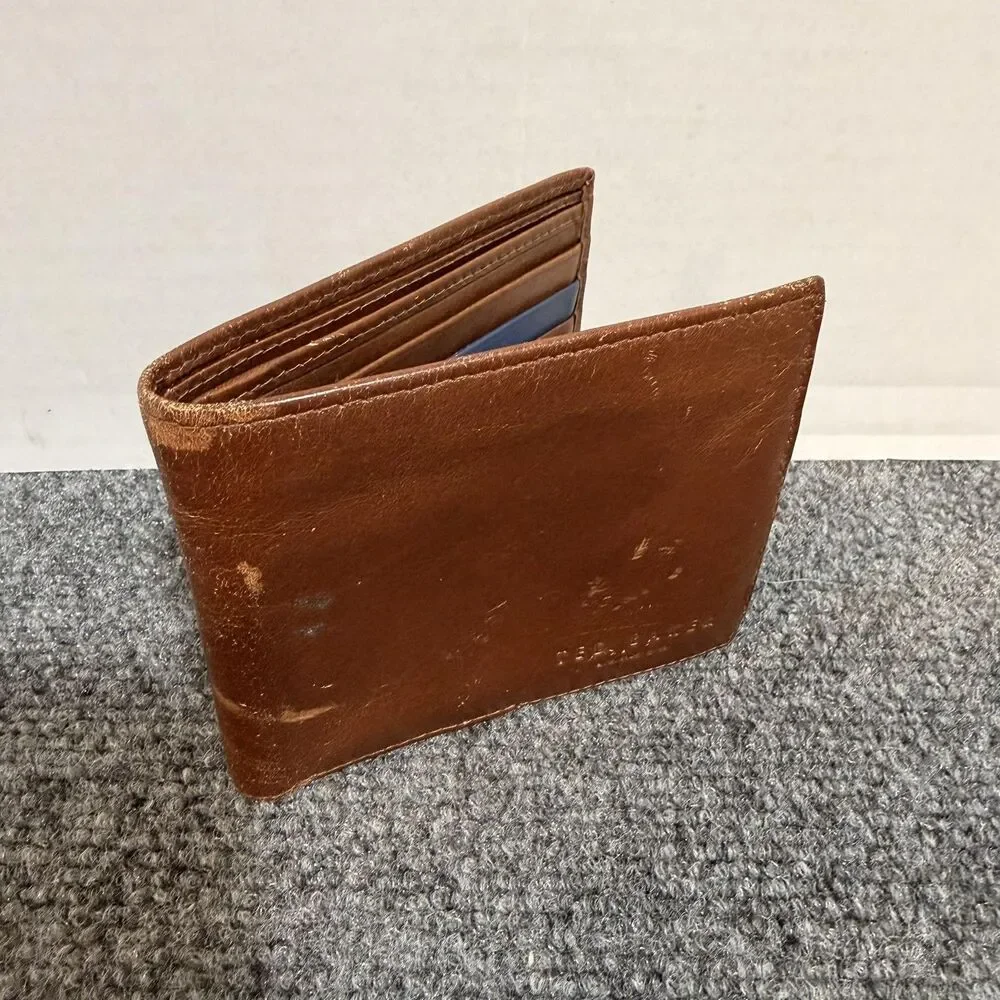 Ted Baker Wallet Mens Brown Leather Bifold Card Holder Blue Trim Logo Lining